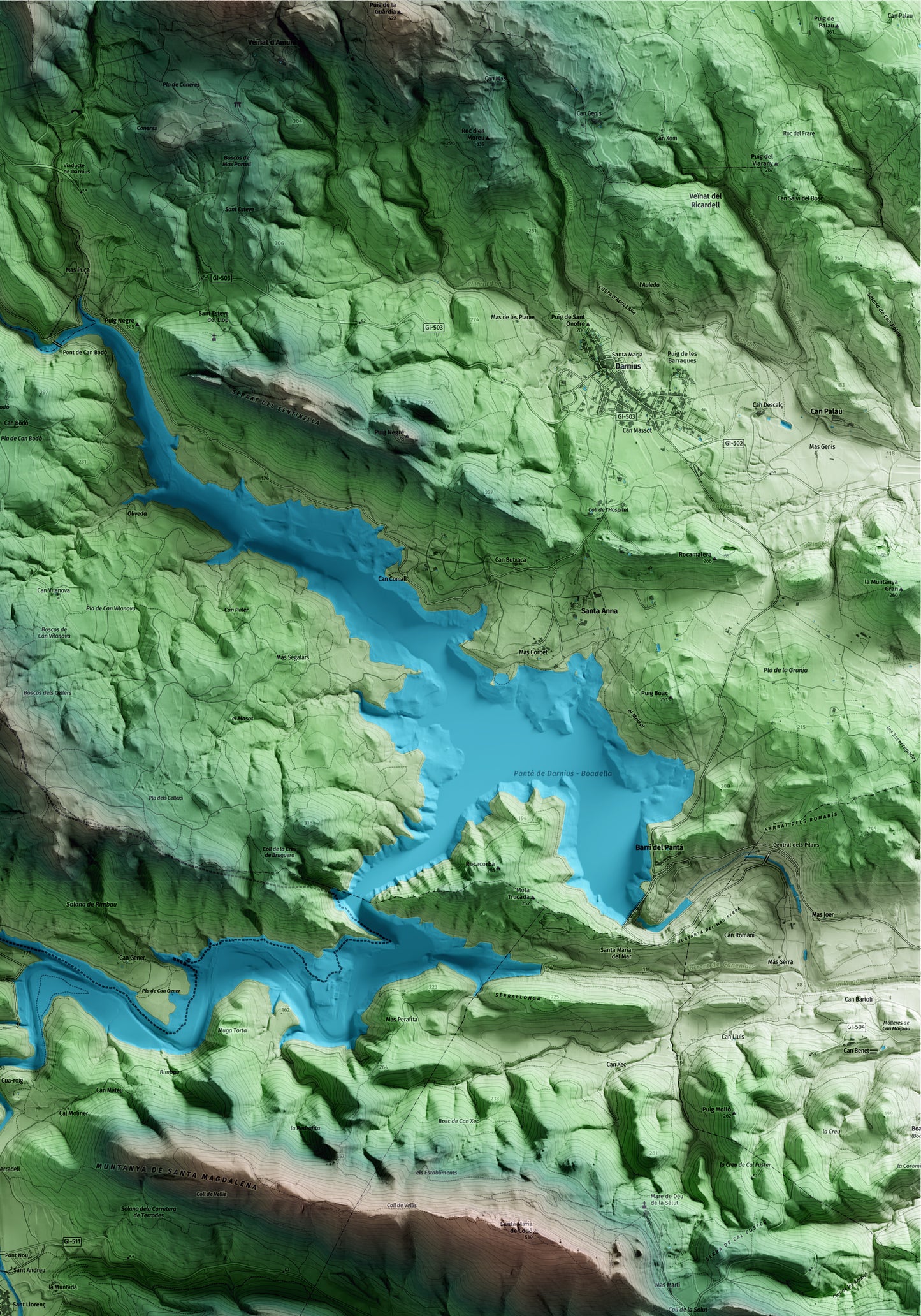 Mapa artístico del relieve de Sant Llorenç de la Muga, al Alt Empordà, con 15 km de entorno y base topográfica ICGC. Detalle de la zona superior derecha.