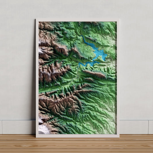 Mapa artístico del relieve de Sant Llorenç de la Muga, al Alt Empordà, con 15 km de entorno y base topográfica ICGC. Presentación enmarcada.