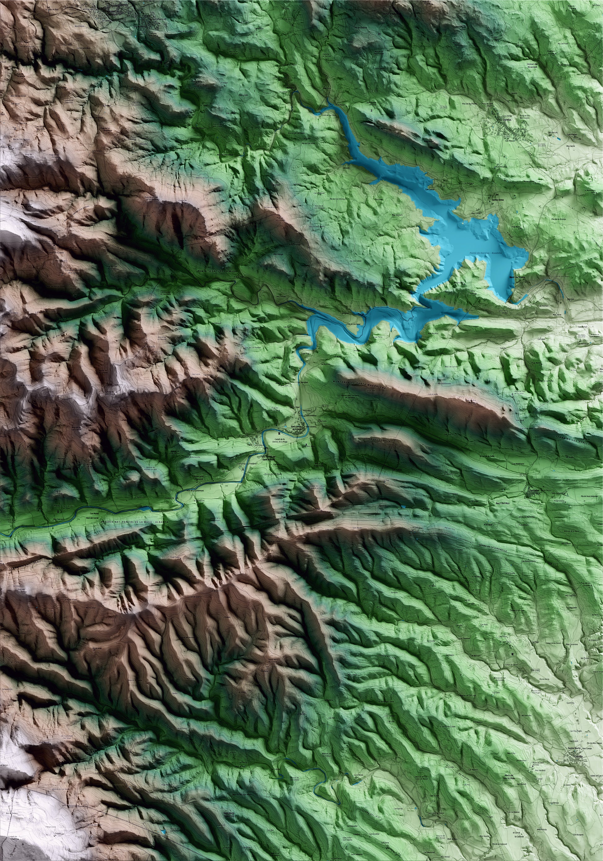 Mapa artístico del relieve de Sant Llorenç de la Muga, al Alt Empordà, con 15 km de entorno y base topográfica ICGC