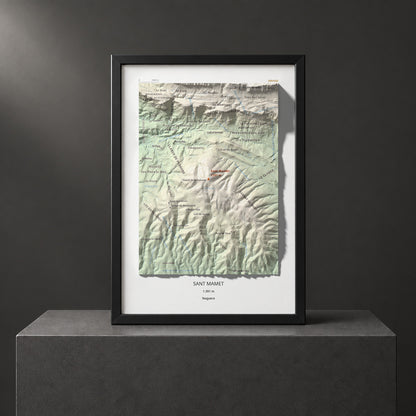 Mapa de relieve de Sant Mamet, 1391 m, Noguera, lámina 100 Cims de Trobart. Presentación enmarcada. 21 × 30 cm.