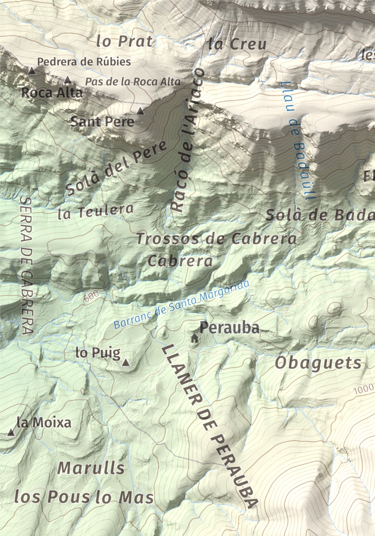 Mapa de relieve de Sant Mamet, 1391 m, Noguera, lámina 100 Cims de Trobart. Detalle de la zona superior izquierda. 21 × 30 cm.