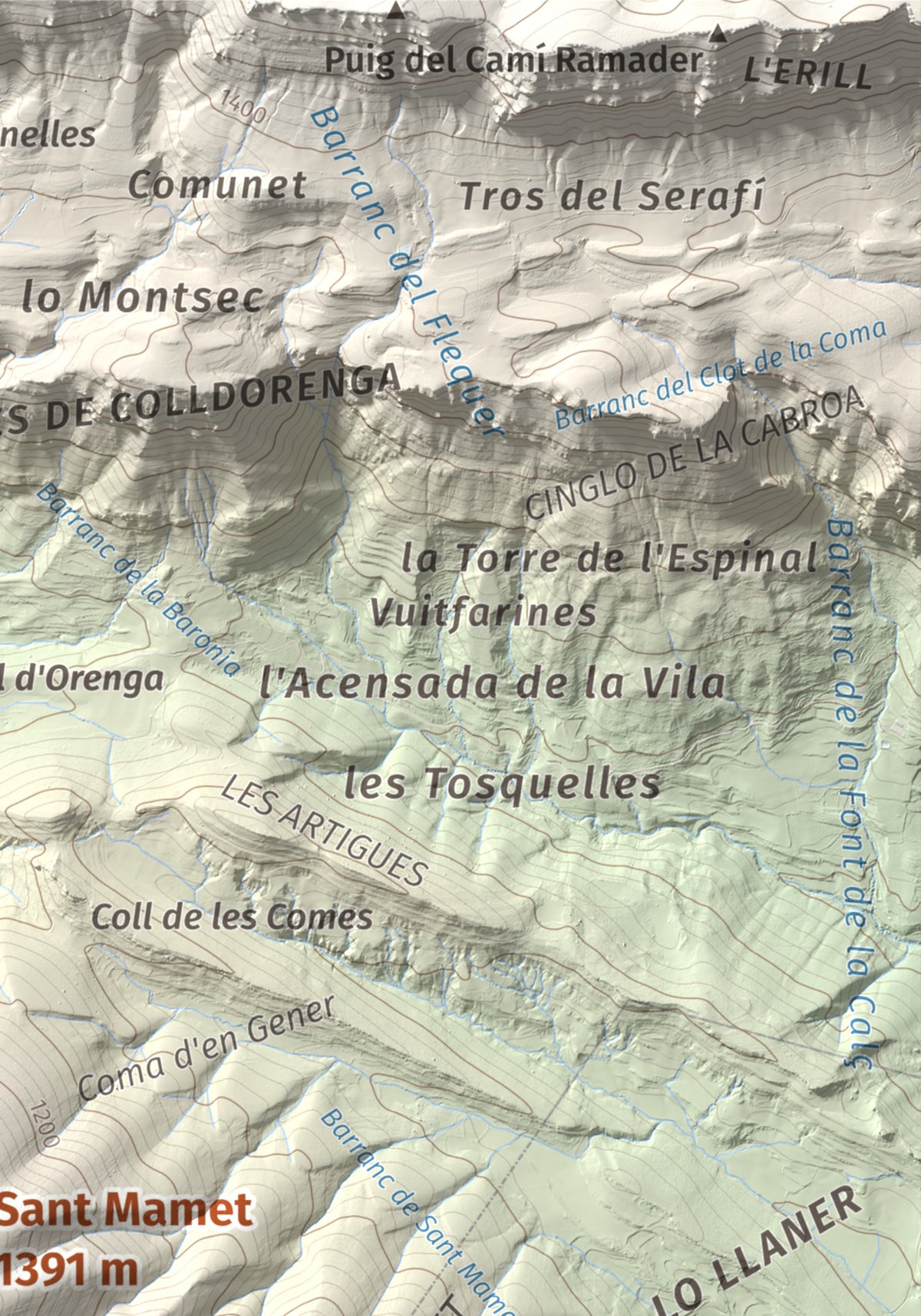 Mapa de relieve de Sant Mamet, 1391 m, Noguera, lámina 100 Cims de Trobart. Detalle de la zona superior derecha. 21 × 30 cm.