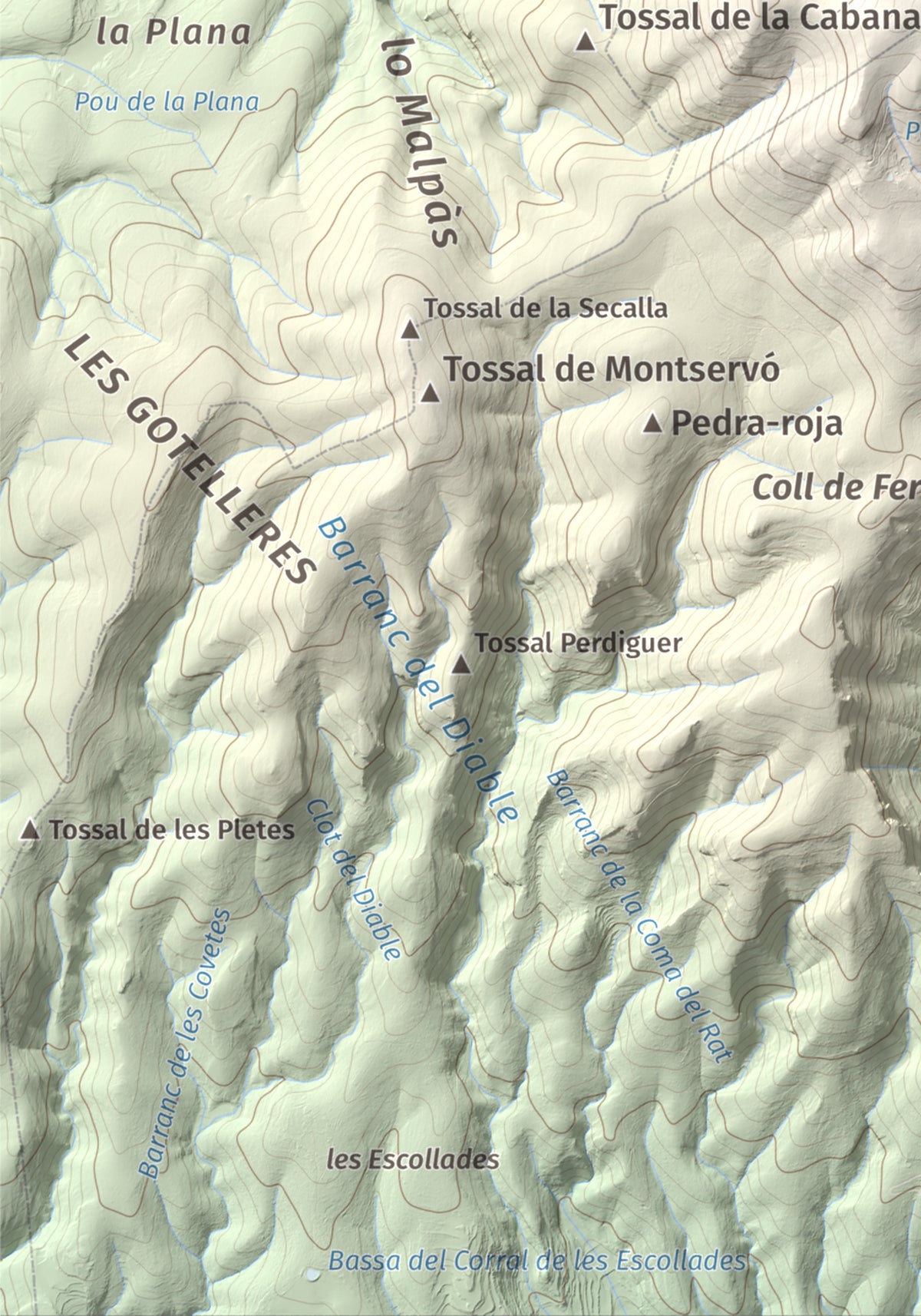 Mapa de relieve de Sant Mamet, 1391 m, Noguera, lámina 100 Cims de Trobart. Detalle de la zona inferior izquierda. 21 × 30 cm.