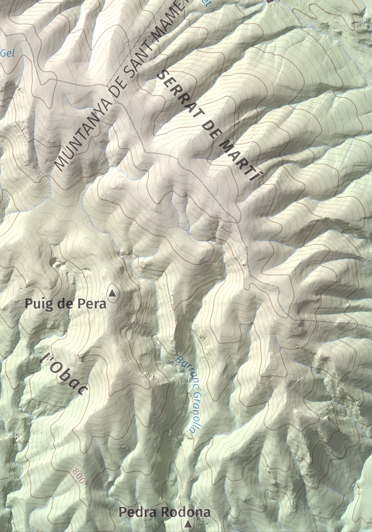 Mapa de relieve de Sant Mamet, 1391 m, Noguera, lámina 100 Cims de Trobart. Detalle de la zona inferior derecha. 21 × 30 cm.
