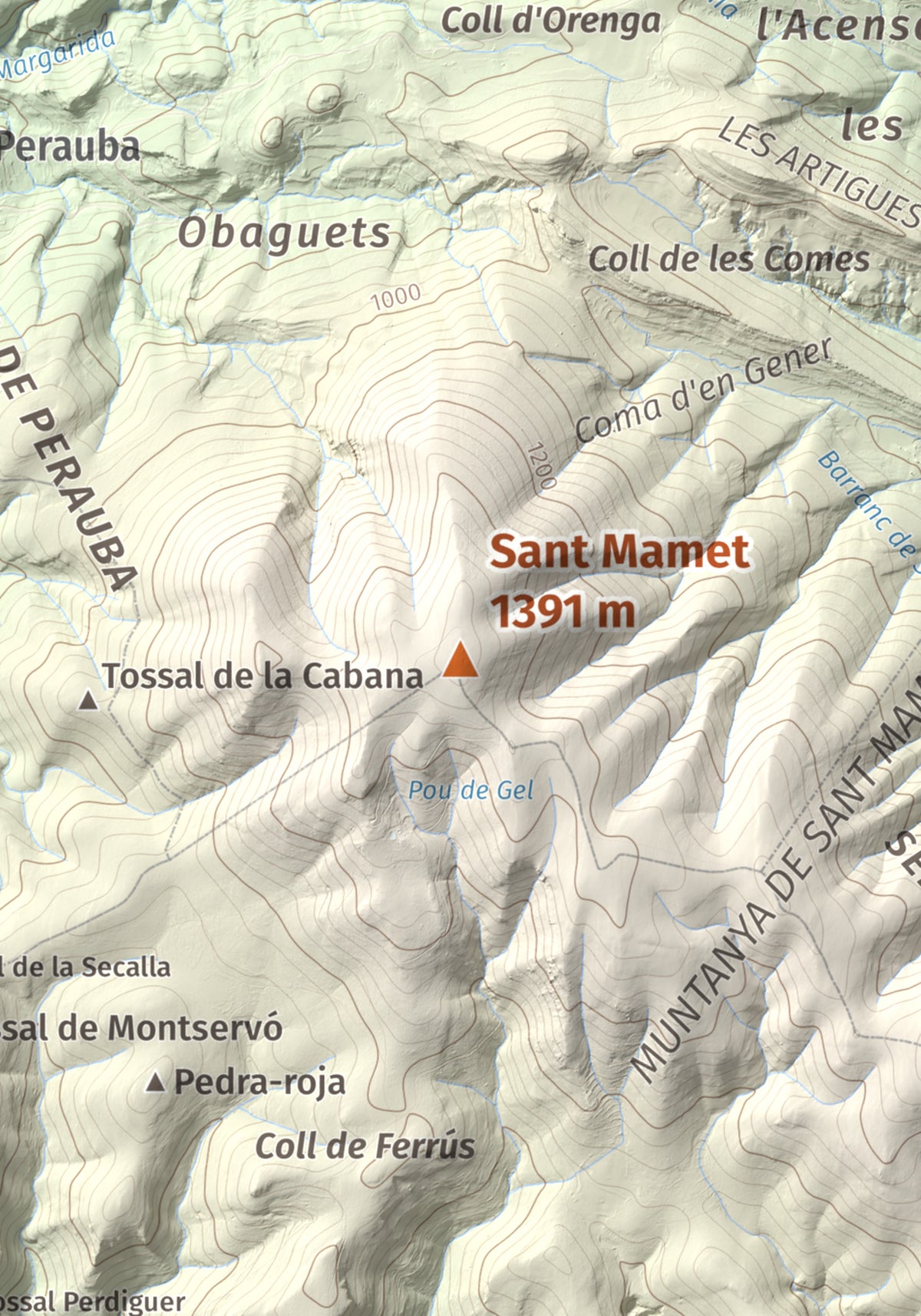 Mapa de relieve de Sant Mamet, 1391 m, Noguera, lámina 100 Cims de Trobart. Detalle de la zona central. 21 × 30 cm.