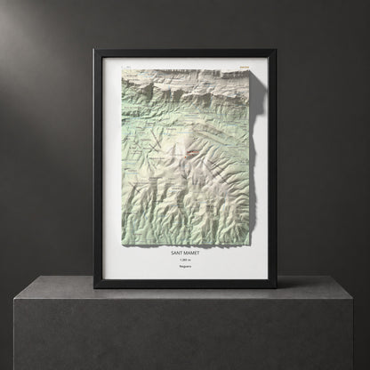 Mapa de relieve de Sant Mamet, 1391 m, Noguera, lámina 100 Cims de Trobart. Presentación enmarcada. 30 × 40 cm.