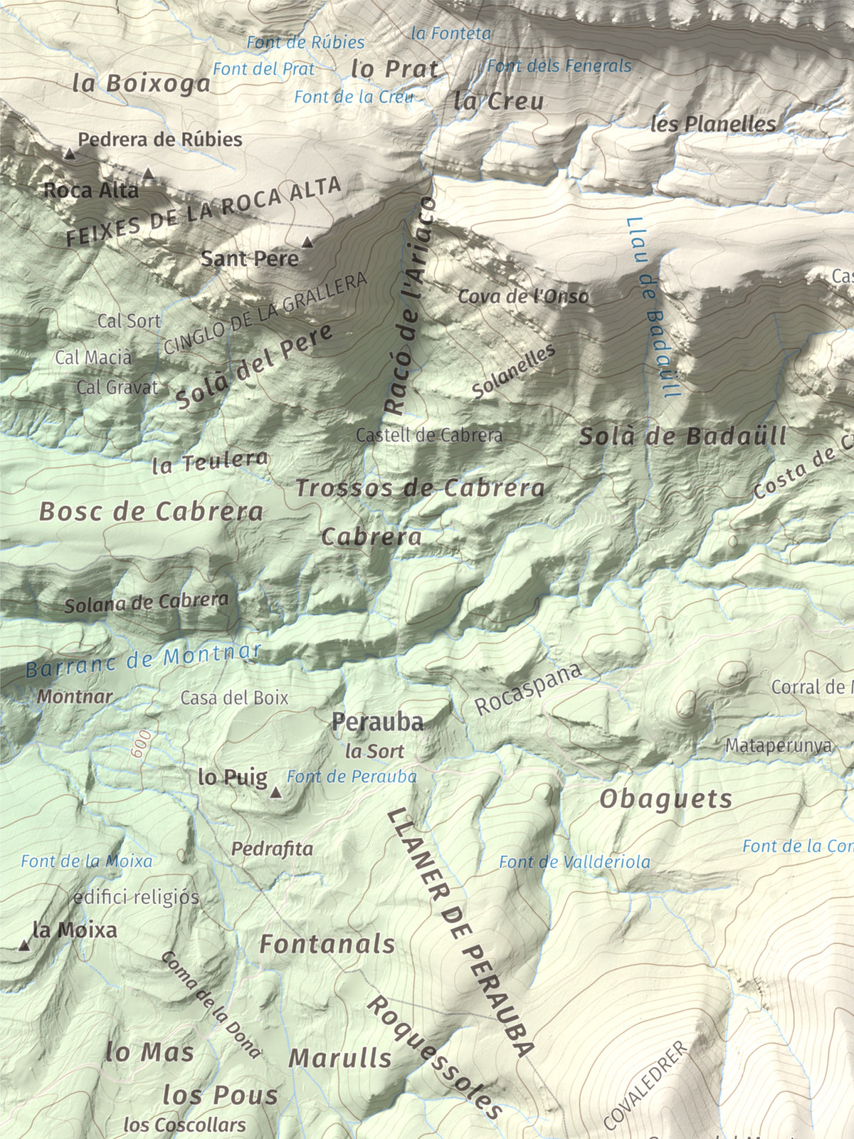 Mapa de relieve de Sant Mamet, 1391 m, Noguera, lámina 100 Cims de Trobart. Detalle de la zona superior izquierda. 30 × 40 cm.
