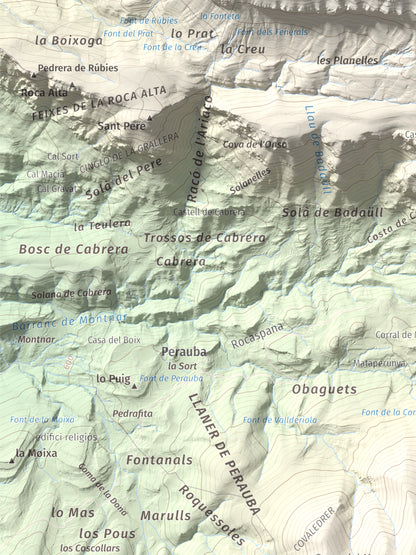 Mapa de relieve de Sant Mamet, 1391 m, Noguera, lámina 100 Cims de Trobart. Detalle de la zona superior izquierda. 30 × 40 cm.