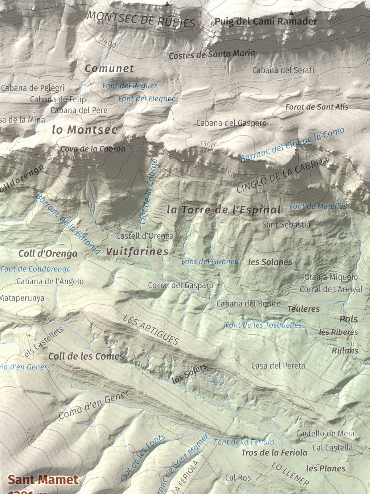 Mapa de relieve de Sant Mamet, 1391 m, Noguera, lámina 100 Cims de Trobart. Detalle de la zona superior derecha. 30 × 40 cm.
