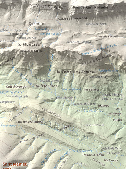 Mapa de relieve de Sant Mamet, 1391 m, Noguera, lámina 100 Cims de Trobart. Detalle de la zona superior derecha. 30 × 40 cm.