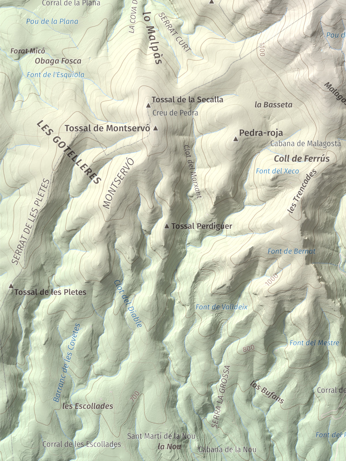 Mapa de relieve de Sant Mamet, 1391 m, Noguera, lámina 100 Cims de Trobart. Detalle de la zona inferior izquierda. 30 × 40 cm.