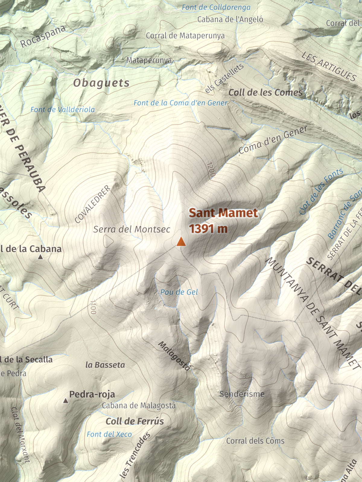 Mapa de relieve de Sant Mamet, 1391 m, Noguera, lámina 100 Cims de Trobart. Detalle de la zona central. 30 × 40 cm.
