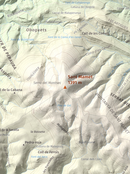 Mapa de relieve de Sant Mamet, 1391 m, Noguera, lámina 100 Cims de Trobart. Detalle de la zona central. 30 × 40 cm.