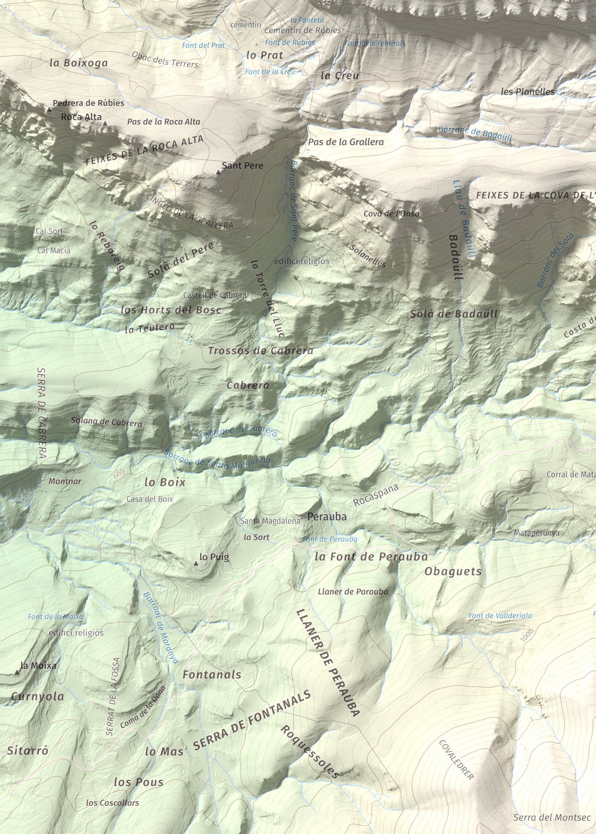Mapa de relieve de Sant Mamet, 1391 m, Noguera, lámina 100 Cims de Trobart. Detalle de la zona superior izquierda. 50 × 70 cm.