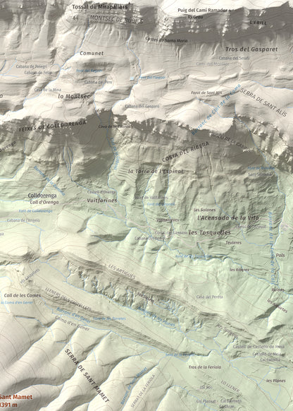 Mapa de relieve de Sant Mamet, 1391 m, Noguera, lámina 100 Cims de Trobart. Detalle de la zona superior derecha. 50 × 70 cm.