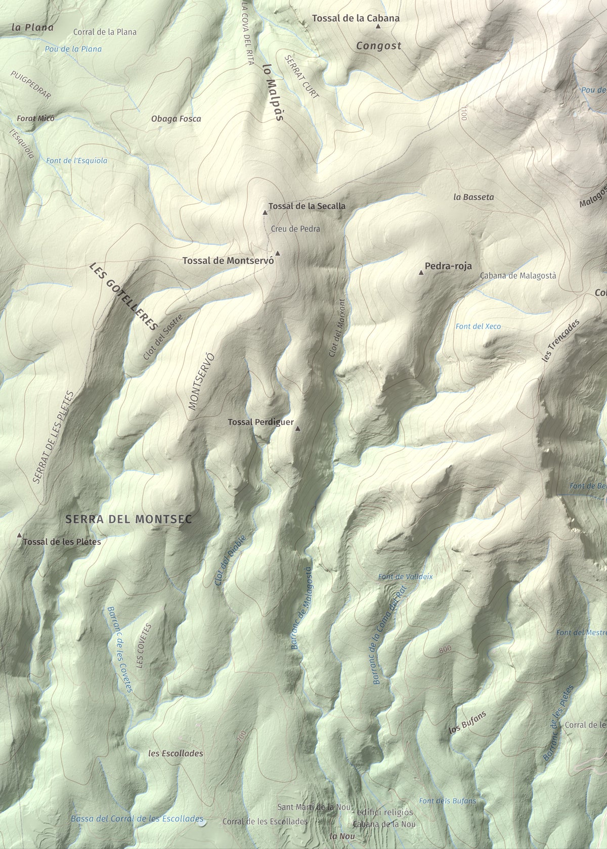 Mapa de relieve de Sant Mamet, 1391 m, Noguera, lámina 100 Cims de Trobart. Detalle de la zona inferior izquierda. 50 × 70 cm.