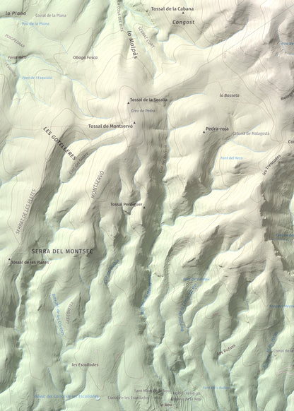 Mapa de relieve de Sant Mamet, 1391 m, Noguera, lámina 100 Cims de Trobart. Detalle de la zona inferior izquierda. 50 × 70 cm.
