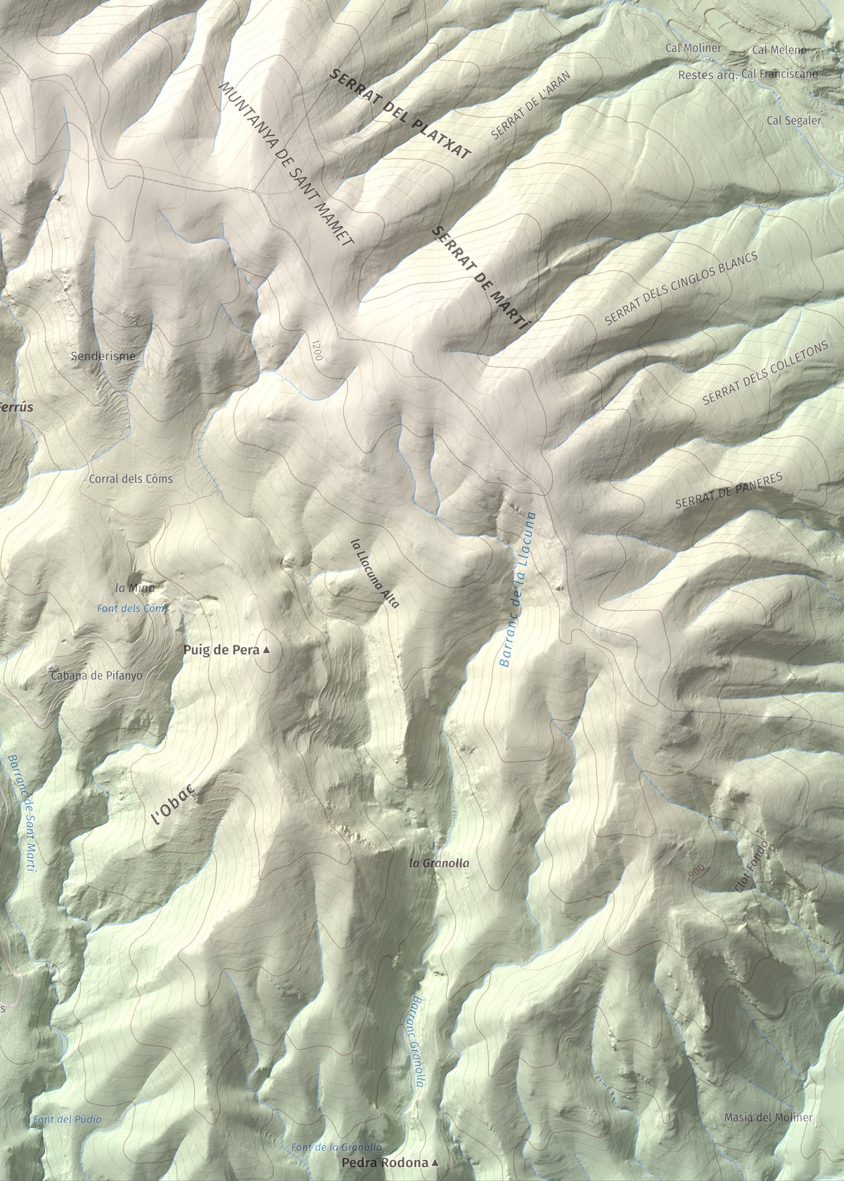 Mapa de relieve de Sant Mamet, 1391 m, Noguera, lámina 100 Cims de Trobart. Detalle de la zona inferior derecha. 50 × 70 cm.