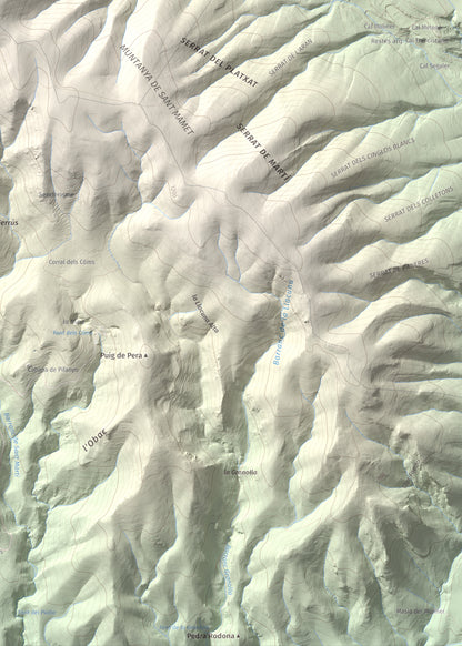 Mapa de relieve de Sant Mamet, 1391 m, Noguera, lámina 100 Cims de Trobart. Detalle de la zona inferior derecha. 50 × 70 cm.