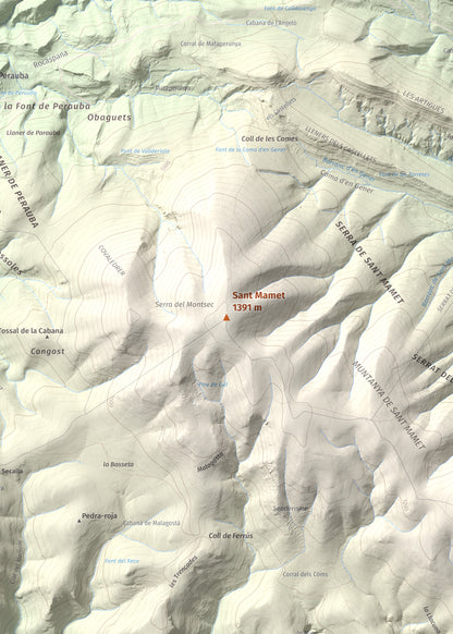 Mapa de relieve de Sant Mamet, 1391 m, Noguera, lámina 100 Cims de Trobart. Detalle de la zona central. 50 × 70 cm.