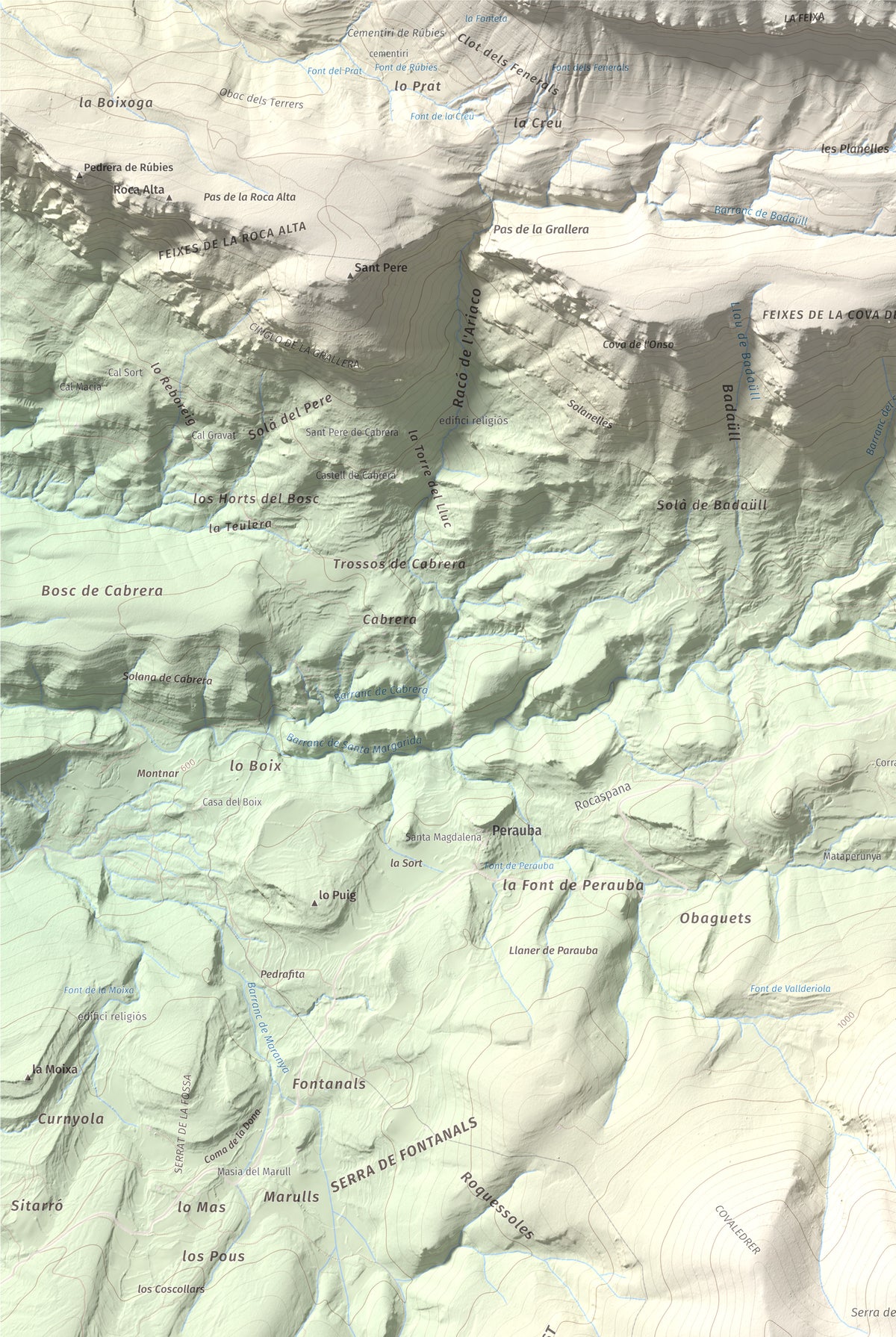 Mapa de relieve de Sant Mamet, 1391 m, Noguera, lámina 100 Cims de Trobart. Detalle de la zona superior izquierda. 61 × 91 cm.
