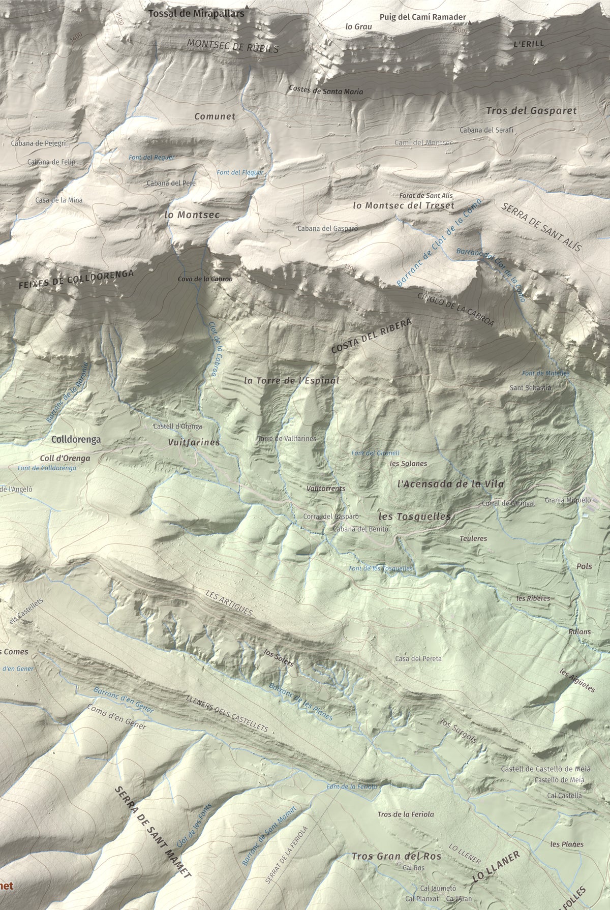 Mapa de relieve de Sant Mamet, 1391 m, Noguera, lámina 100 Cims de Trobart. Detalle de la zona superior derecha. 61 × 91 cm.