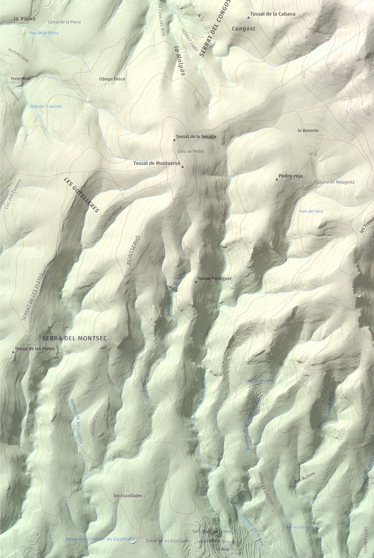 Mapa de relieve de Sant Mamet, 1391 m, Noguera, lámina 100 Cims de Trobart. Detalle de la zona inferior izquierda. 61 × 91 cm.