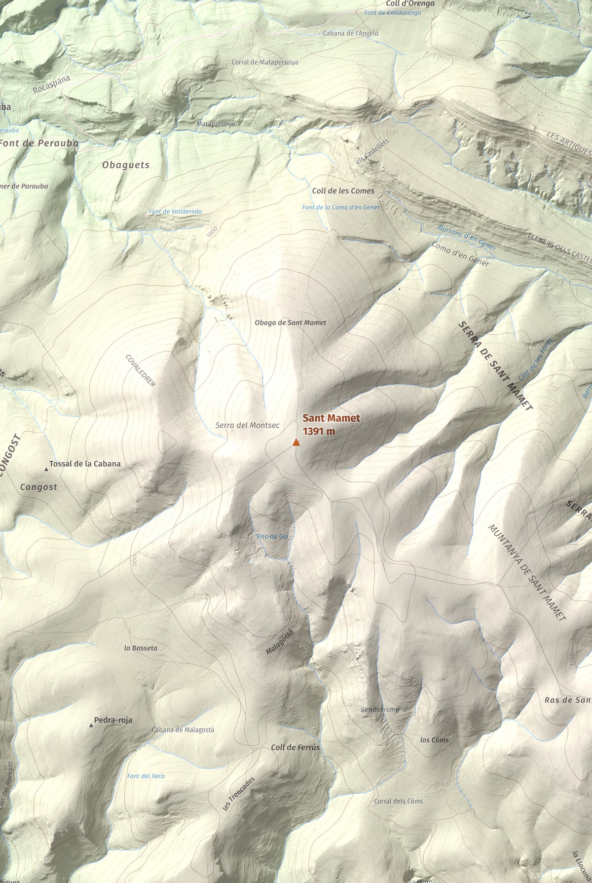 Mapa de relieve de Sant Mamet, 1391 m, Noguera, lámina 100 Cims de Trobart. Detalle de la zona central. 61 × 91 cm.