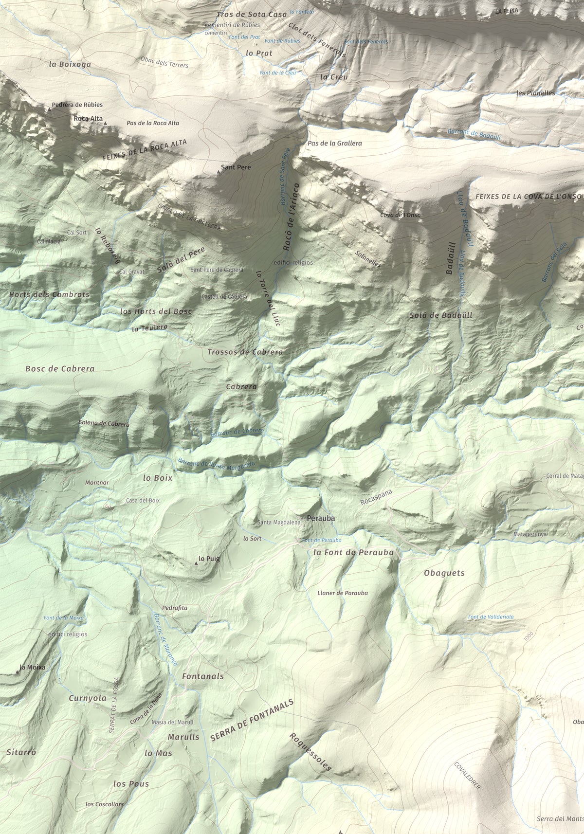 Mapa de relieve de Sant Mamet, 1391 m, Noguera, lámina 100 Cims de Trobart. Detalle de la zona superior izquierda. 70 × 100 cm.
