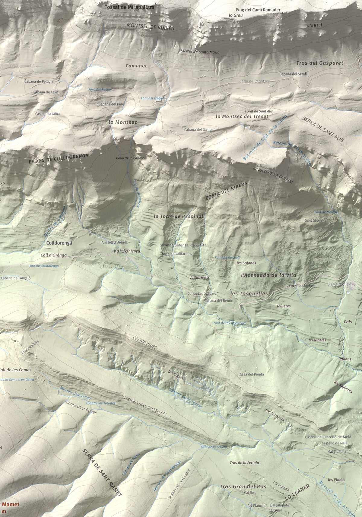 Mapa de relieve de Sant Mamet, 1391 m, Noguera, lámina 100 Cims de Trobart. Detalle de la zona superior derecha. 70 × 100 cm.