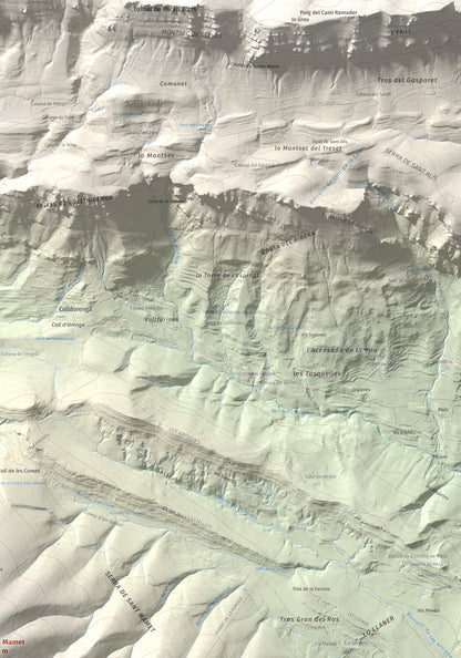 Mapa de relieve de Sant Mamet, 1391 m, Noguera, lámina 100 Cims de Trobart. Detalle de la zona superior derecha. 70 × 100 cm.