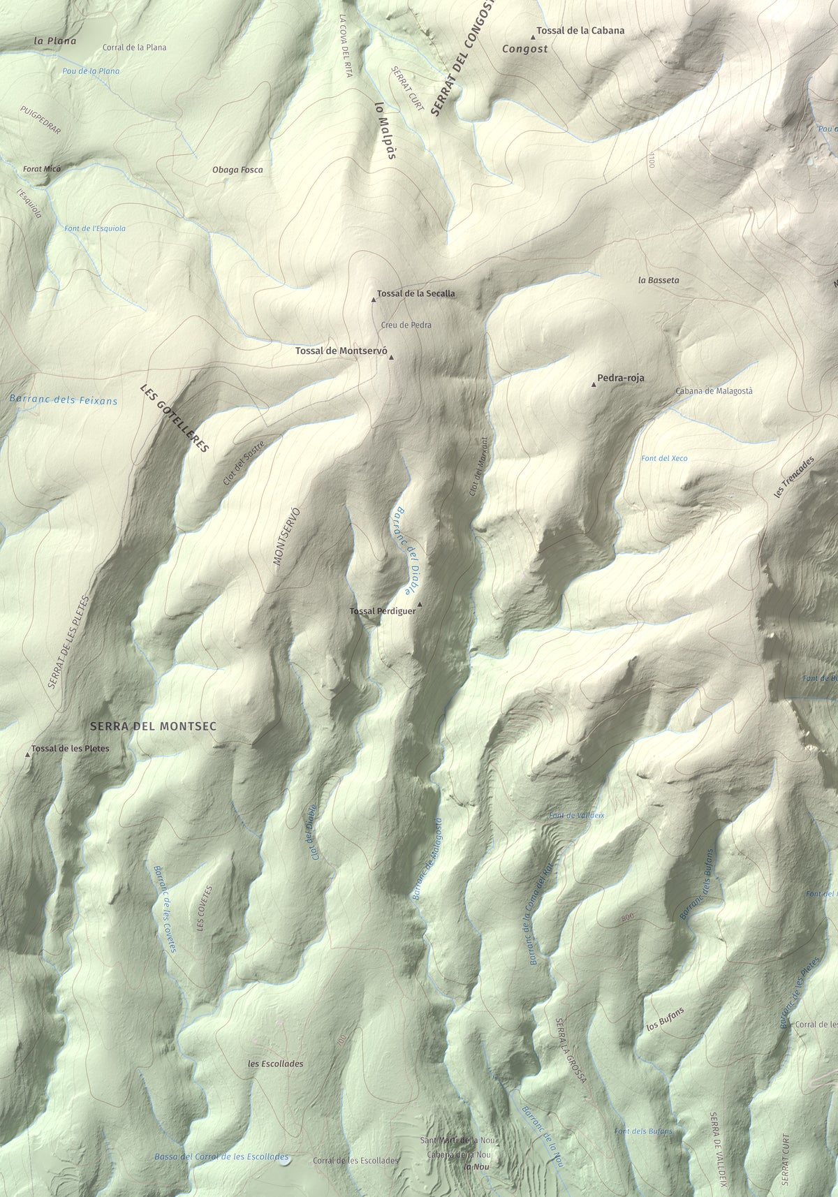 Mapa de relieve de Sant Mamet, 1391 m, Noguera, lámina 100 Cims de Trobart. Detalle de la zona inferior izquierda. 70 × 100 cm.