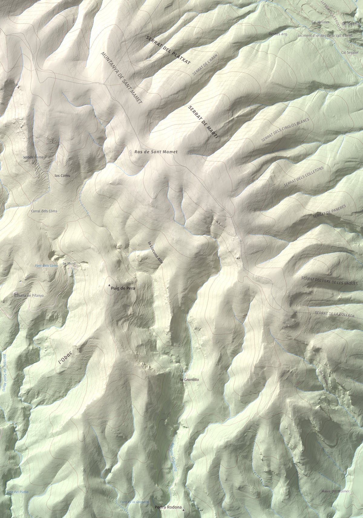 Mapa de relieve de Sant Mamet, 1391 m, Noguera, lámina 100 Cims de Trobart. Detalle de la zona inferior derecha. 70 × 100 cm.