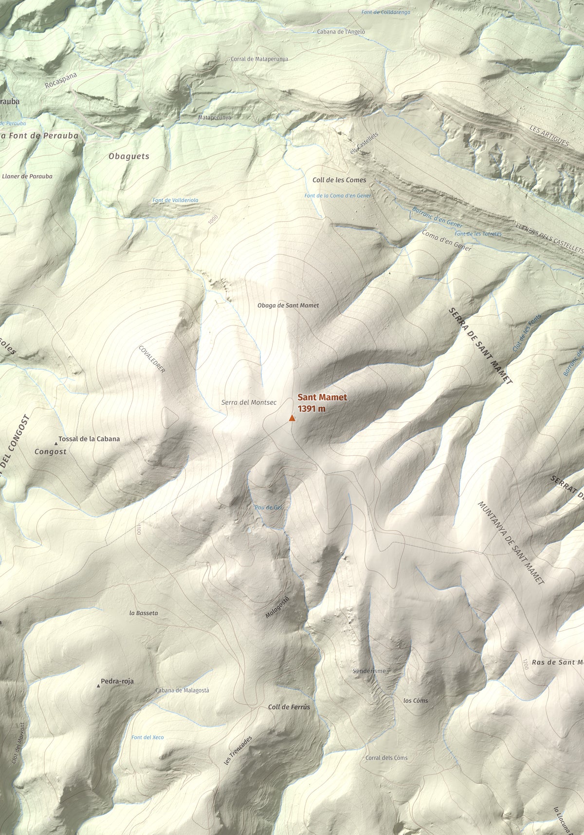 Mapa de relieve de Sant Mamet, 1391 m, Noguera, lámina 100 Cims de Trobart. Detalle de la zona central. 70 × 100 cm.