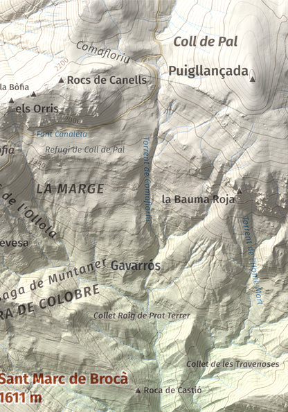 Mapa de relieve de Sant Marc de Brocà, 1611 m, Berguedà, lámina 100 Cims de Trobart. Detalle de la zona superior derecha. 21 × 30 cm.