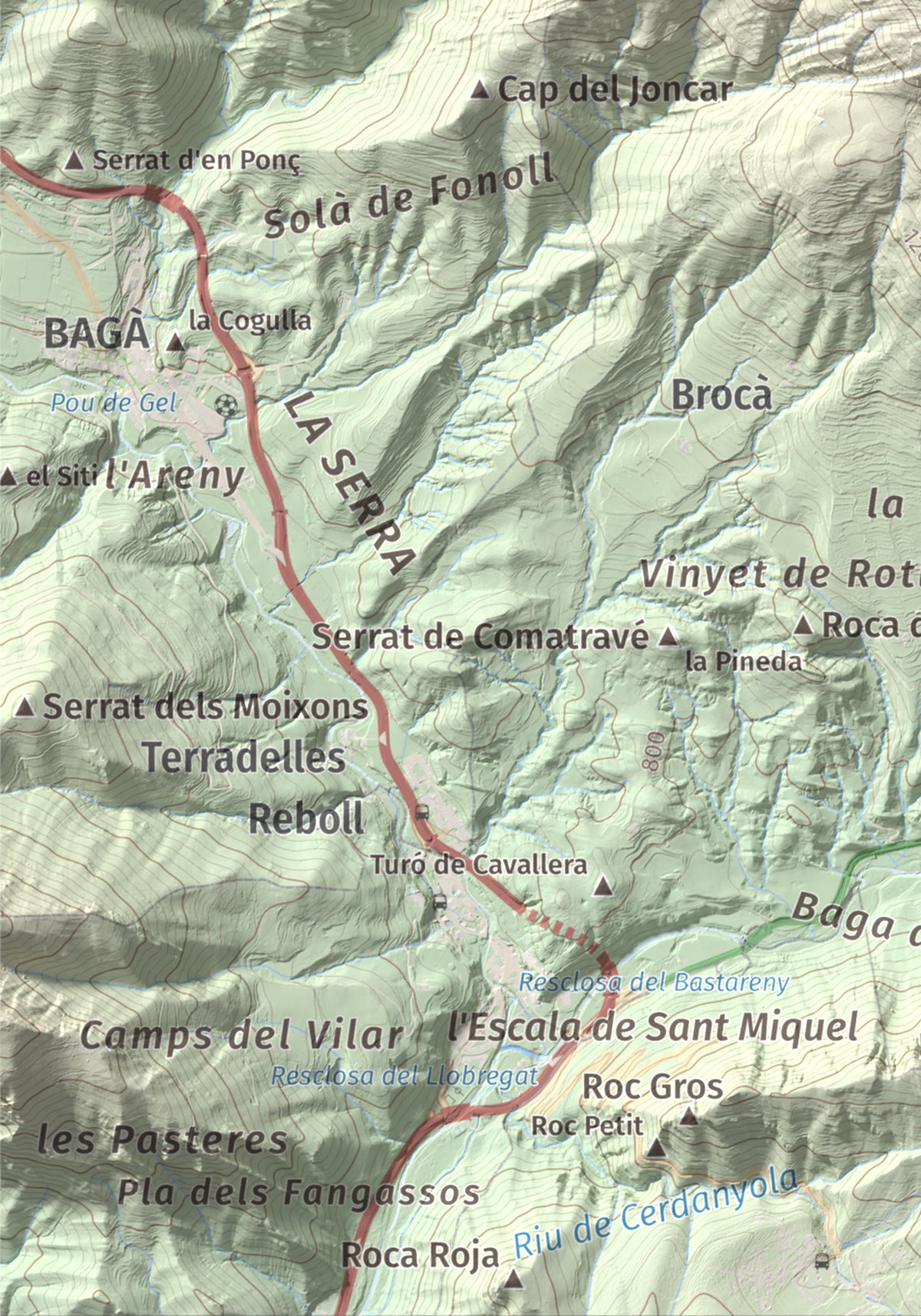 Mapa de relieve de Sant Marc de Brocà, 1611 m, Berguedà, lámina 100 Cims de Trobart. Detalle de la zona inferior izquierda. 21 × 30 cm.