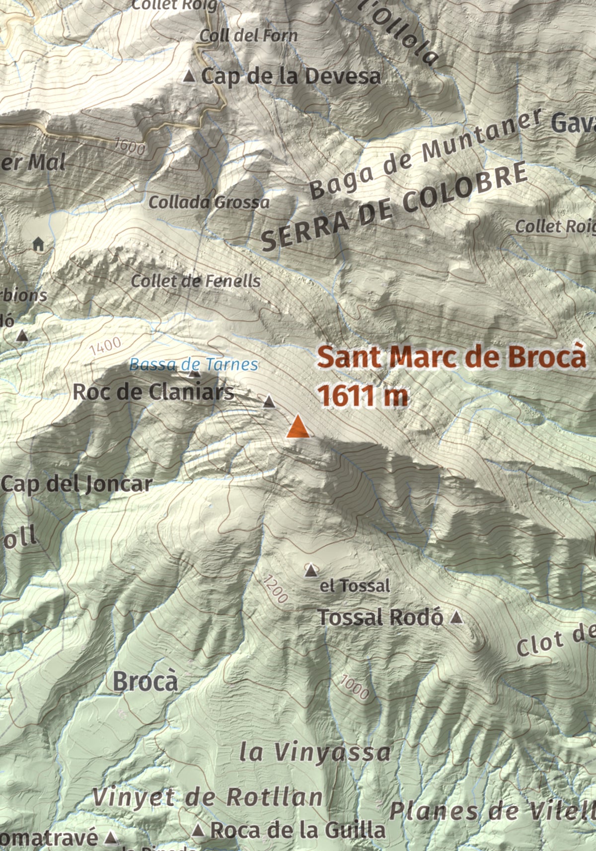 Mapa de relieve de Sant Marc de Brocà, 1611 m, Berguedà, lámina 100 Cims de Trobart. Detalle de la zona central. 21 × 30 cm.