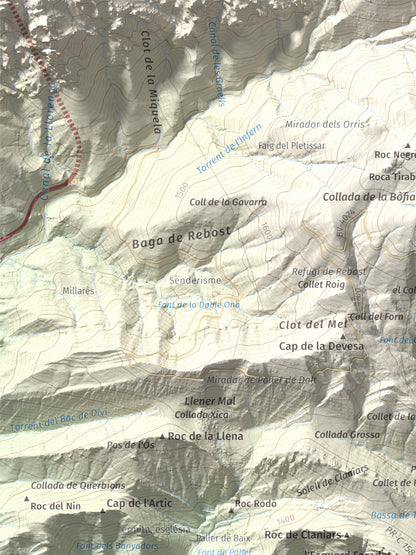 Mapa de relieve de Sant Marc de Brocà, 1611 m, Berguedà, lámina 100 Cims de Trobart. Detalle de la zona superior izquierda. 30 × 40 cm.