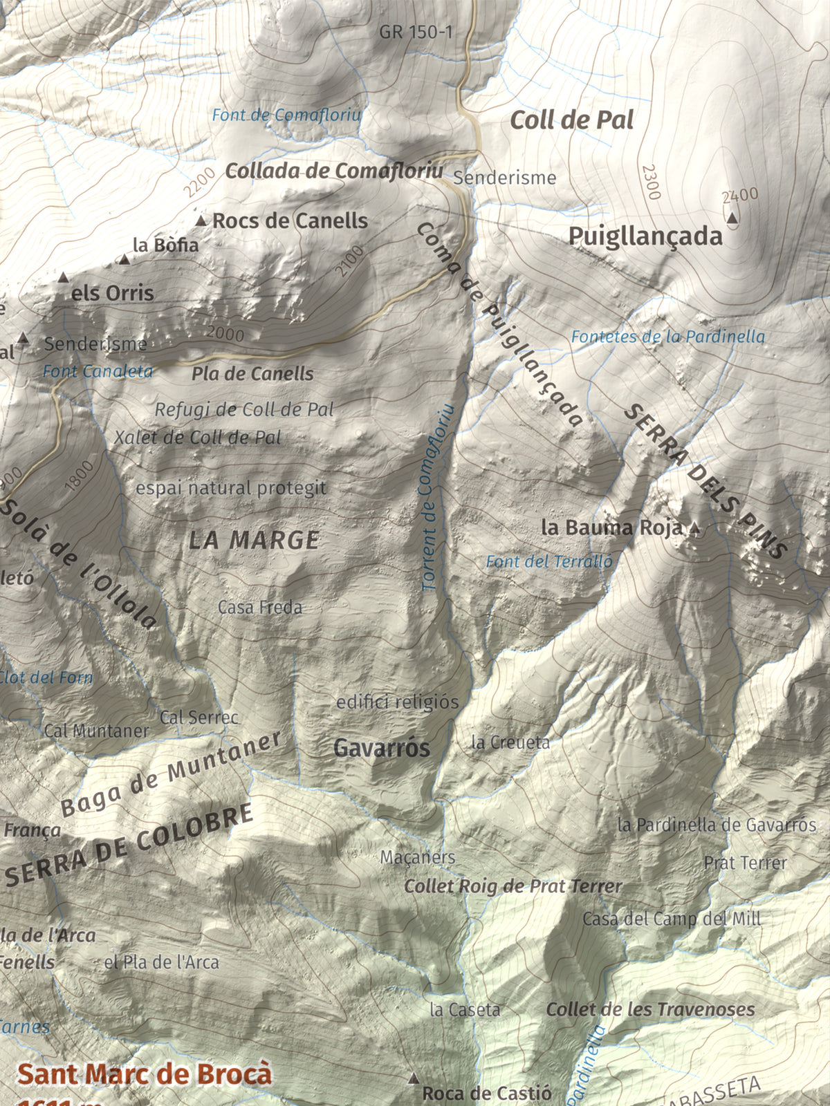Mapa de relieve de Sant Marc de Brocà, 1611 m, Berguedà, lámina 100 Cims de Trobart. Detalle de la zona superior derecha. 30 × 40 cm.