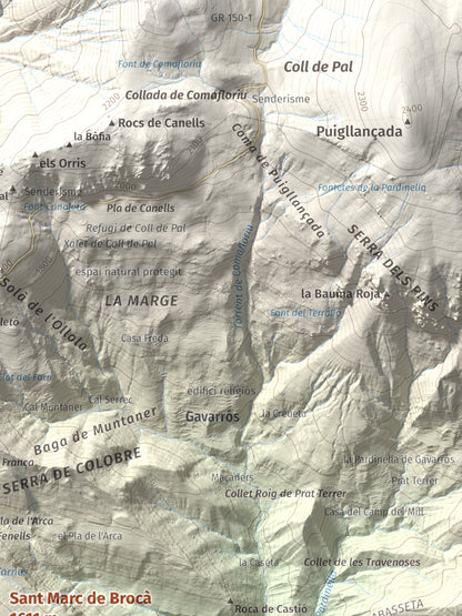 Mapa de relieve de Sant Marc de Brocà, 1611 m, Berguedà, lámina 100 Cims de Trobart. Detalle de la zona superior derecha. 30 × 40 cm.
