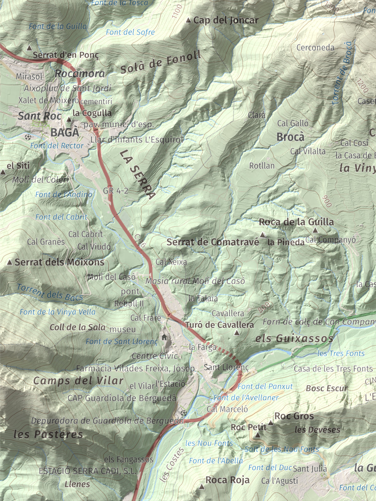Mapa de relieve de Sant Marc de Brocà, 1611 m, Berguedà, lámina 100 Cims de Trobart. Detalle de la zona inferior izquierda. 30 × 40 cm.
