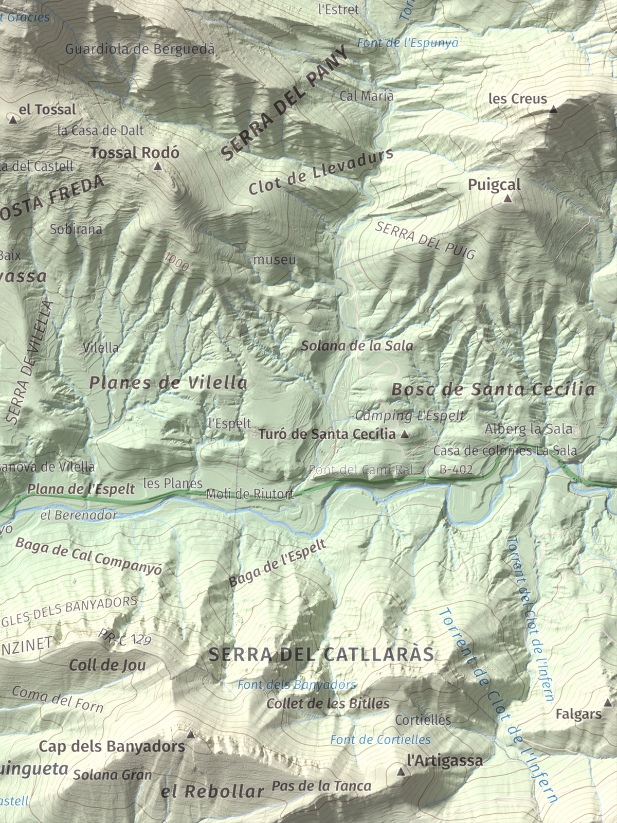 Mapa de relieve de Sant Marc de Brocà, 1611 m, Berguedà, lámina 100 Cims de Trobart. Detalle de la zona inferior derecha. 30 × 40 cm.