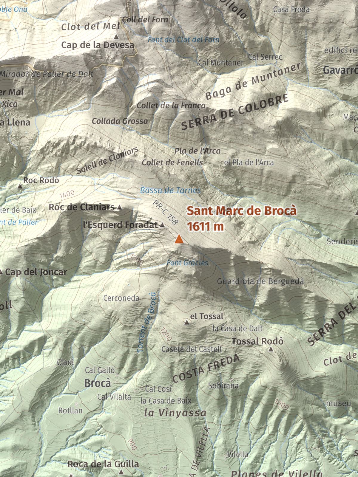 Mapa de relieve de Sant Marc de Brocà, 1611 m, Berguedà, lámina 100 Cims de Trobart. Detalle de la zona central. 30 × 40 cm.