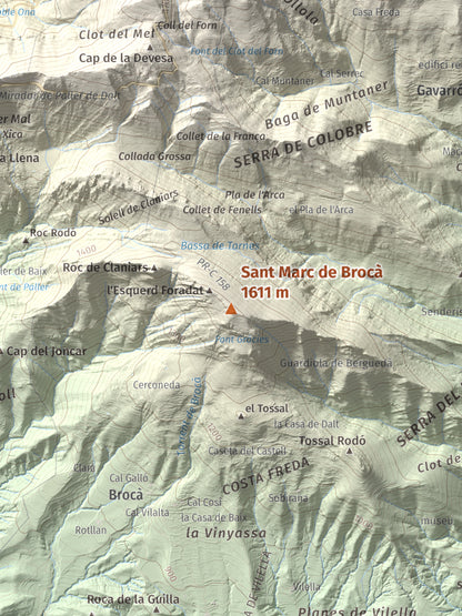 Mapa de relieve de Sant Marc de Brocà, 1611 m, Berguedà, lámina 100 Cims de Trobart. Detalle de la zona central. 30 × 40 cm.