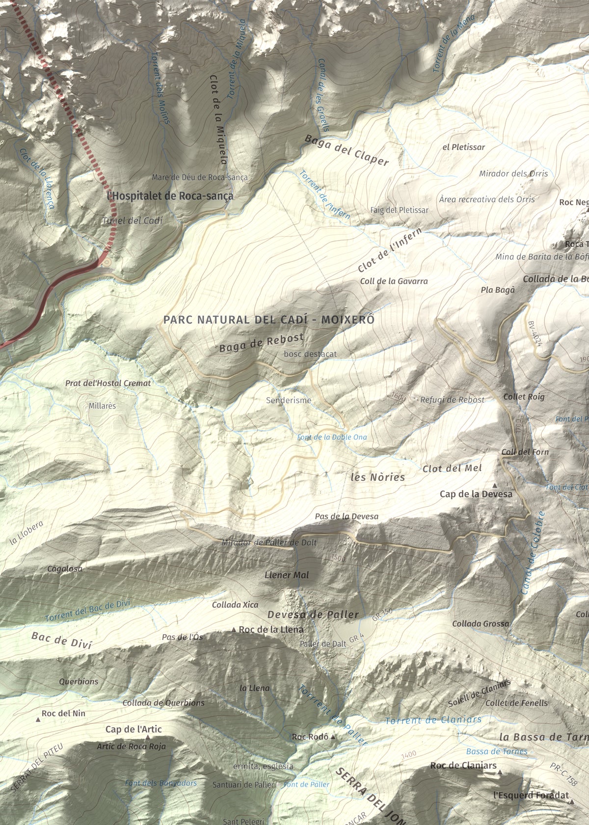 Mapa de relieve de Sant Marc de Brocà, 1611 m, Berguedà, lámina 100 Cims de Trobart. Detalle de la zona superior izquierda. 50 × 70 cm.