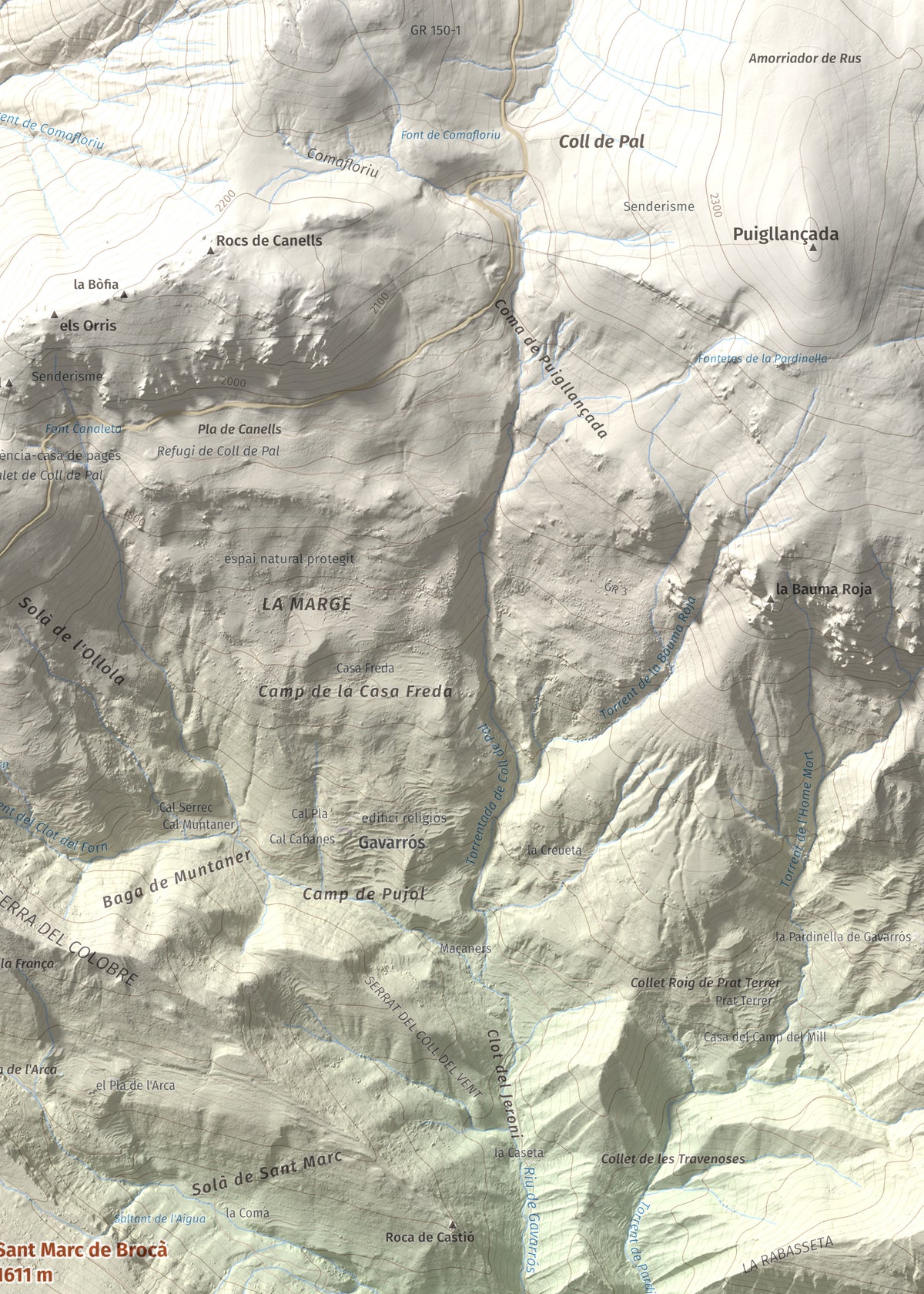 Mapa de relieve de Sant Marc de Brocà, 1611 m, Berguedà, lámina 100 Cims de Trobart. Detalle de la zona superior derecha. 50 × 70 cm.