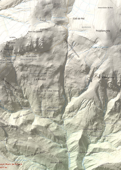 Mapa de relieve de Sant Marc de Brocà, 1611 m, Berguedà, lámina 100 Cims de Trobart. Detalle de la zona superior derecha. 50 × 70 cm.