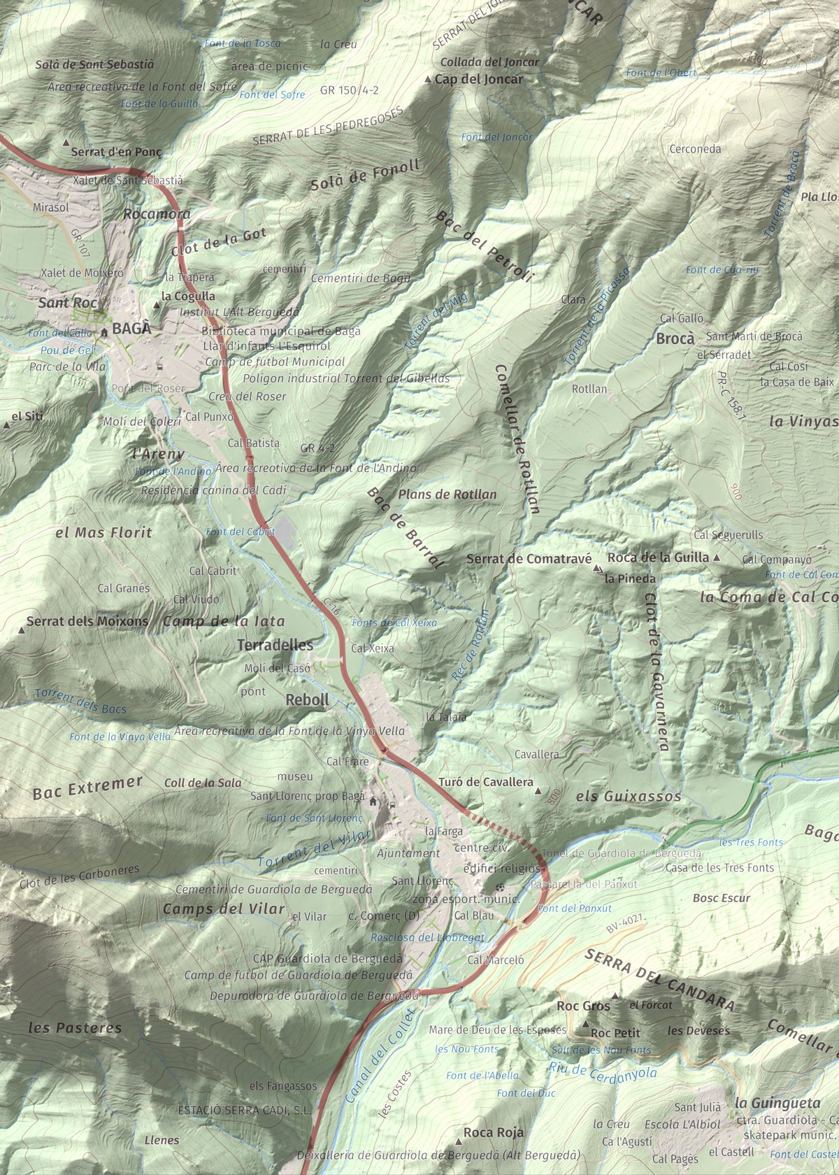 Mapa de relieve de Sant Marc de Brocà, 1611 m, Berguedà, lámina 100 Cims de Trobart. Detalle de la zona inferior izquierda. 50 × 70 cm.