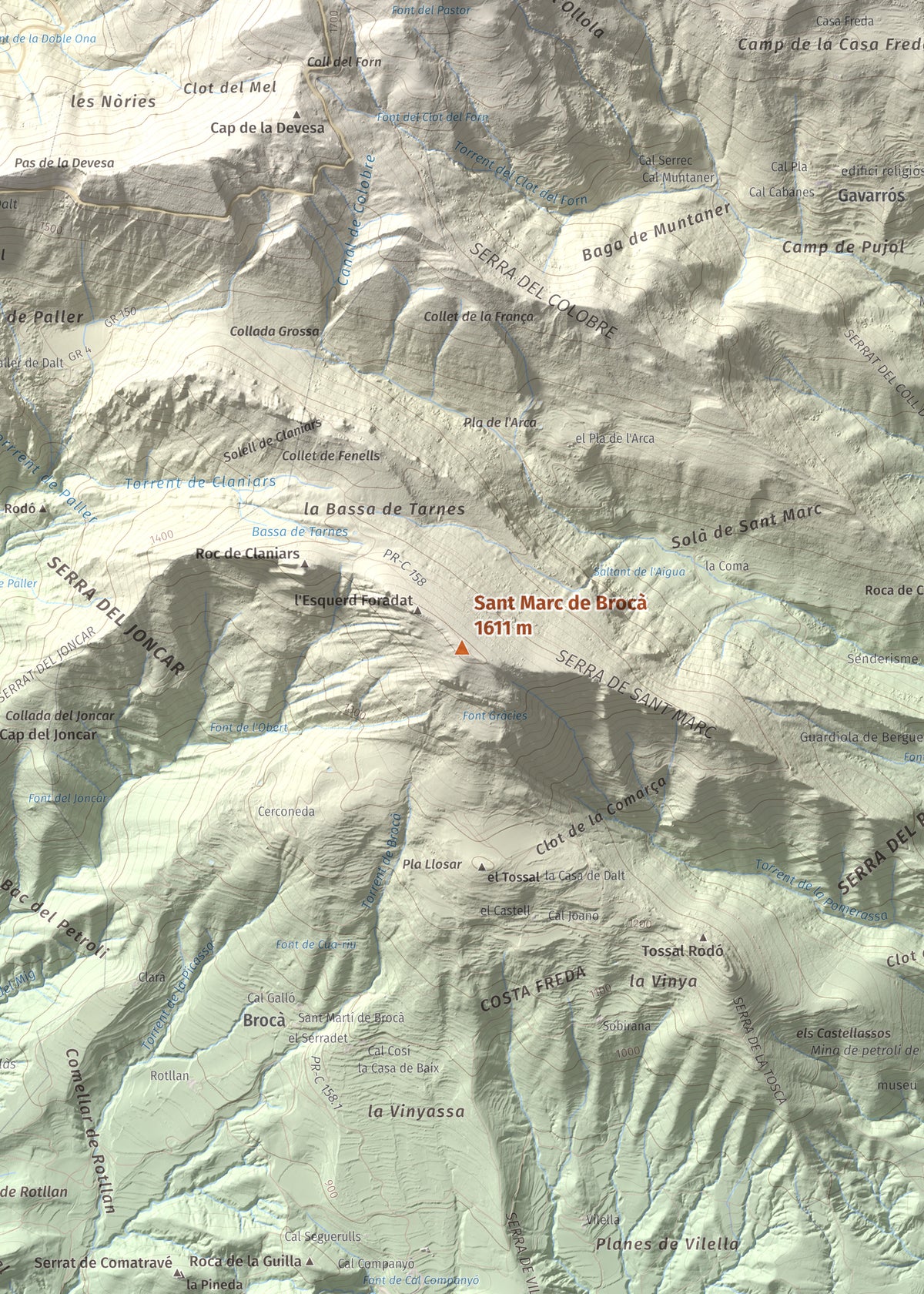 Mapa de relieve de Sant Marc de Brocà, 1611 m, Berguedà, lámina 100 Cims de Trobart. Detalle de la zona central. 50 × 70 cm.