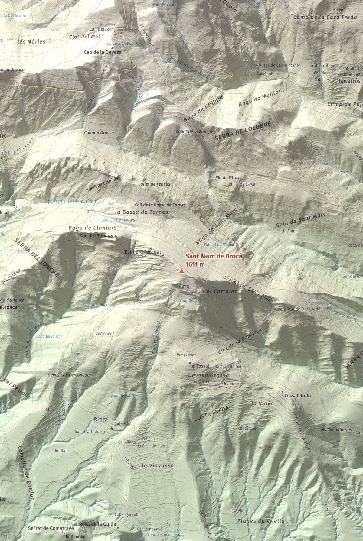 Mapa de relieve de Sant Marc de Brocà, 1611 m, Berguedà, lámina 100 Cims de Trobart. Detalle de la zona central. 61 × 91 cm.